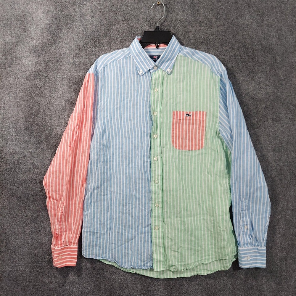 Vineyard Vines Shirt Mens Medium Multicolor Stripe Long Sleeve Tucker Linen